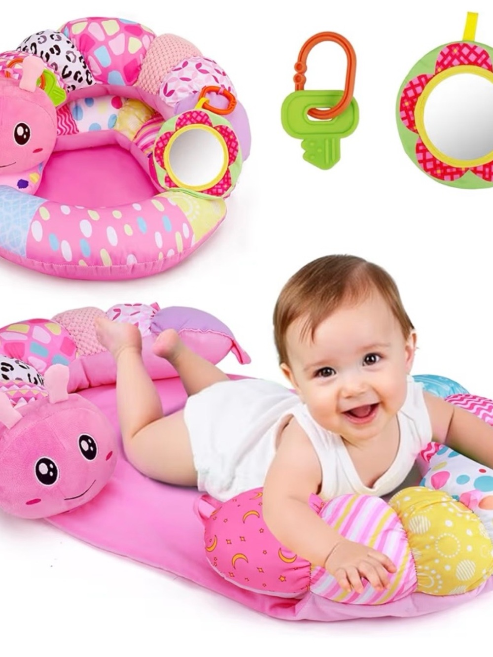 New In Box Pink Plush Baby Tummy Time Support Mat with Toys